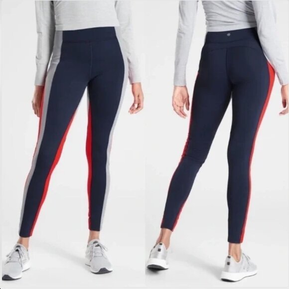 Athleta Crest Colorblock Navy Blue Red Grey Tight Leggings Women's Size Small S - Picture 1 of 11